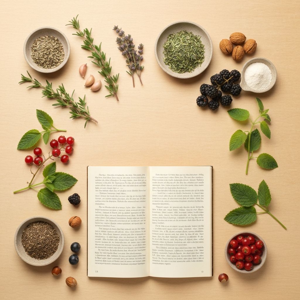 Natural ingredients and herbs arranged to show composition elements and ingredient showcase